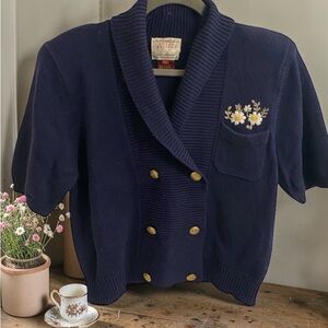 VINTAGE SUSAN BRISTOL HAND EMBROIDERED 1990 COTTAGE CORE NAVY BLUE SWEATER MED